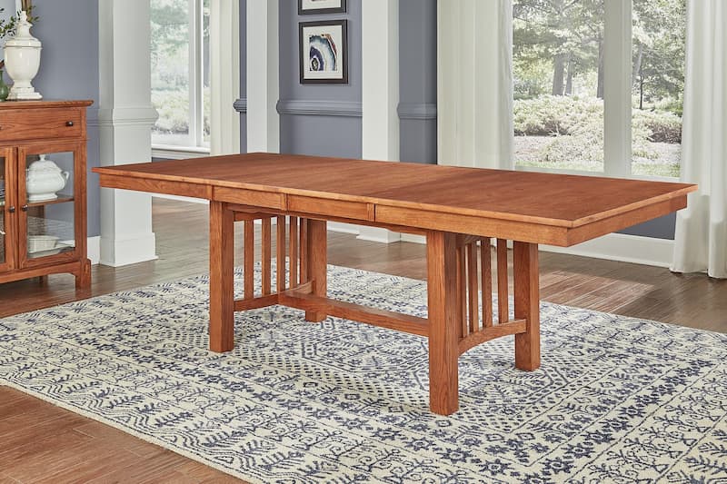 Laurelhurst 60" - 92" Rectangular Trestle Table with (2) 16" Self-Storing Leaves, Mission Oak Finish