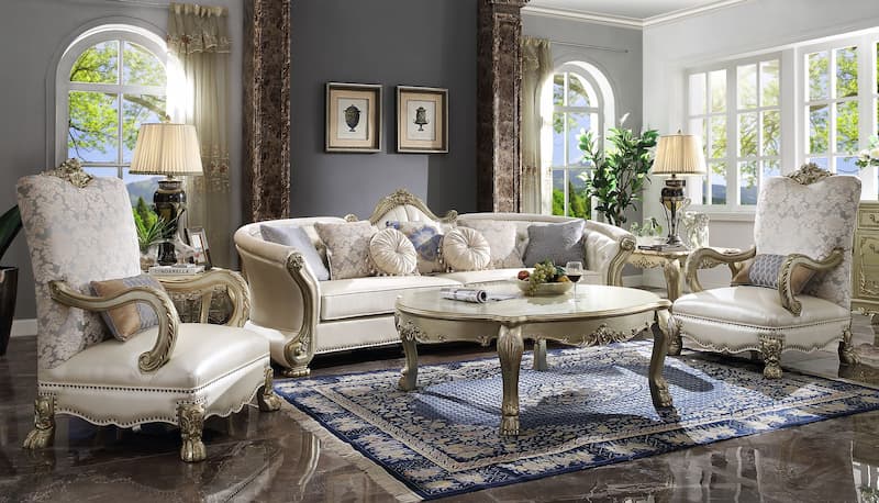 Dresden II Pearl Synthetic Leather & Gold Patina Sofa W/7 Pillows