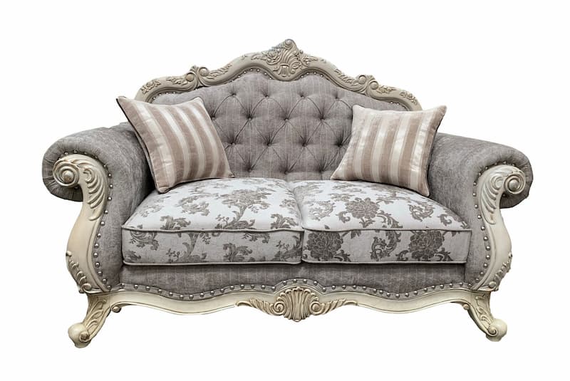 Ragenardus Gray Fabric & Antique White Loveseat W/2 Pillows