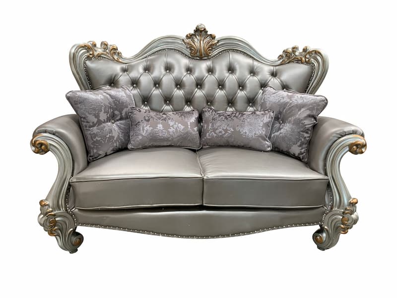 Versailles Silver Synthetic Leather & Antique Platinum Loveseat W/4 Pillows