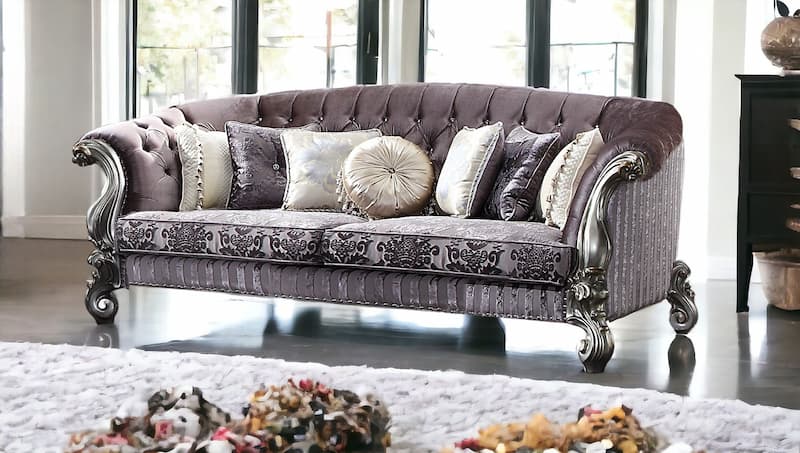 Versailles Velvet & Antique Platinum Sofa W/7 Pillows