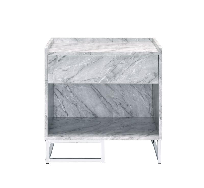 Azrael White Engineered Stone & Chrome Finish Accent Table