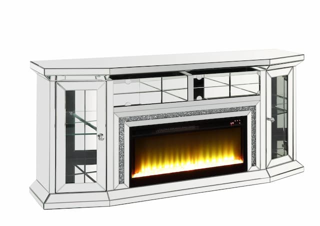 Noralie Mirrored & Faux Diamonds Tv Stand W/Fireplace & Led