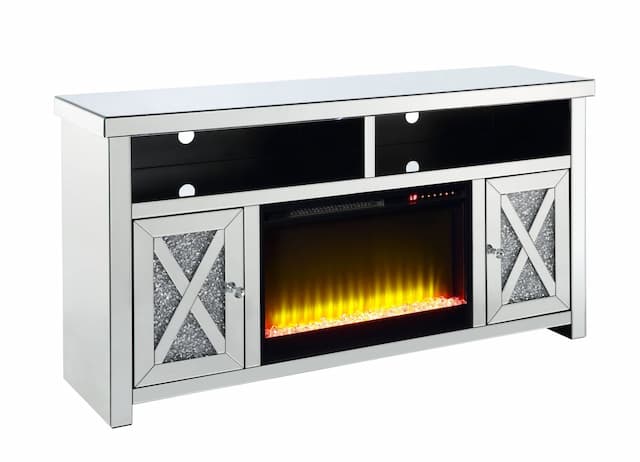Noralie Mirrored & Faux Diamonds Tv Stand W/Fireplace