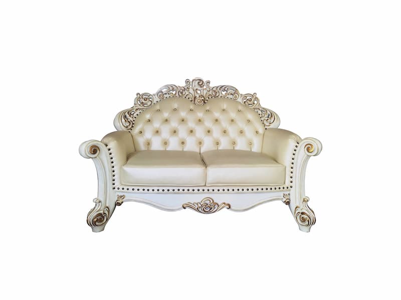 Vendome Champagne Synthetic Leather & Antique Pearl Finsih Loveseat W/3 Pillows