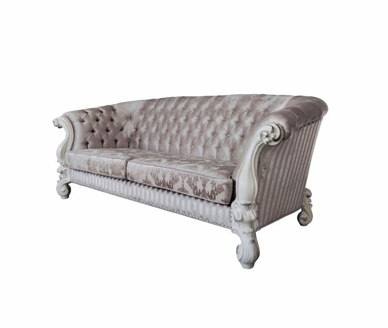 Versailles Ivory Fabric & Bone White Finish Sofa W/7 Pillows