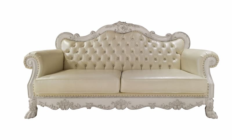 Dresden Synthetic Leather & Bone White Finish Sofa W/4 Pillows