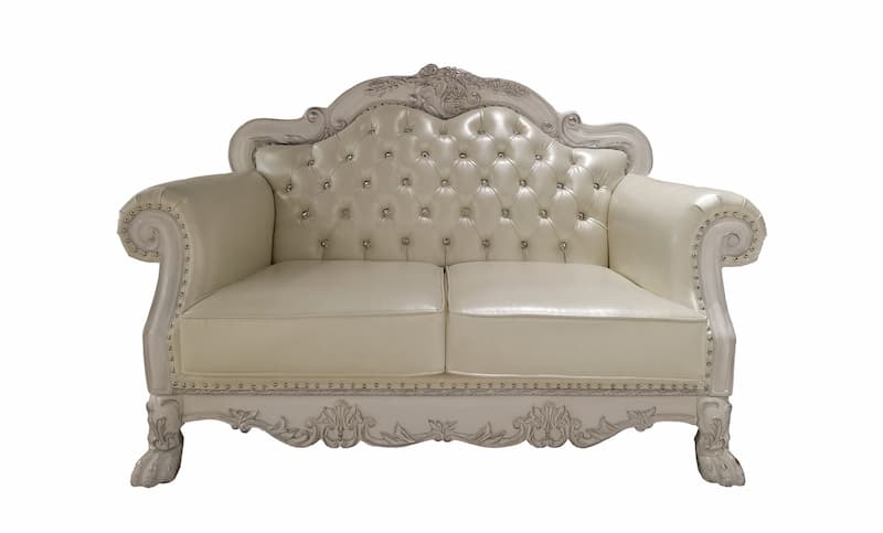 Dresden Synthetic Leather & Bone White Finish Loveseat W/3 Pillows