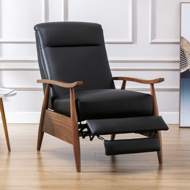 Fairview Leather Wood Arm Push Back Recliner - Black