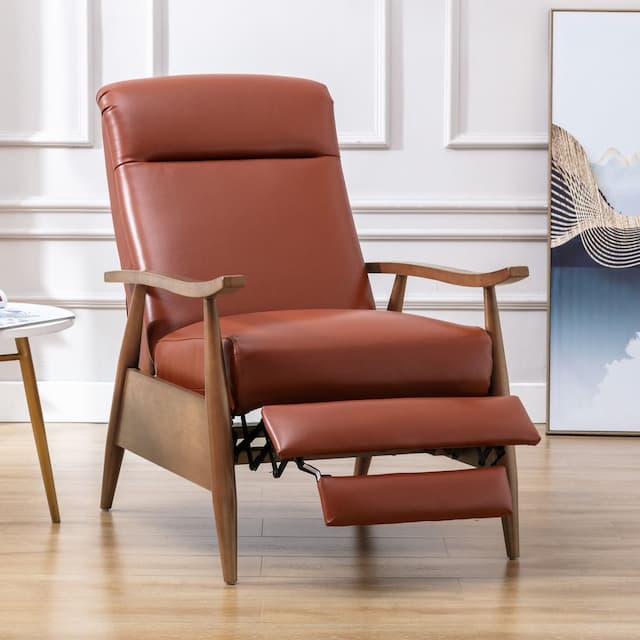 Fairview Leather Wood Arm Push Back Recliner - Caramel