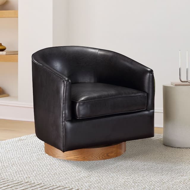 Irving Brown Faux Leather Wood Base Barrel Swivel Chair