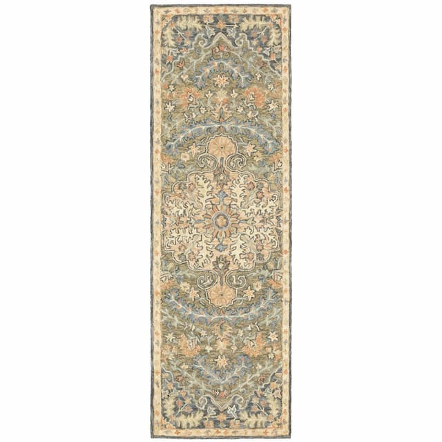 Alfresco 28401 Green/ Blue Hand-crafted Wool Area Rug - 2'6" x 8'