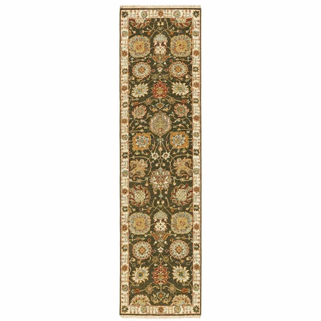 Angora 12304 Green/ Ivory Hand-crafted Wool Area Rug - 2'6" x 10'