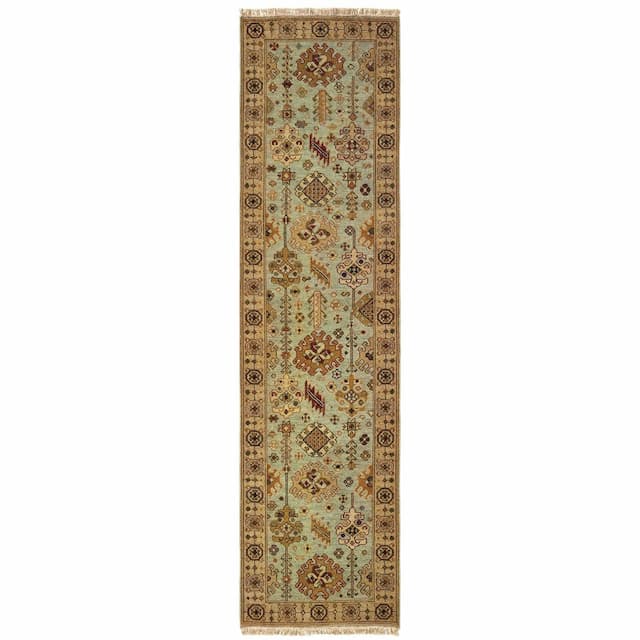 Angora 12305 Blue/ Ivory Hand-crafted Wool Area Rug - 2'6" x 10'