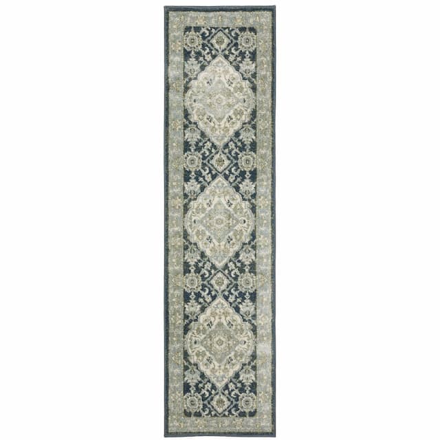 Branson BR05A Teal Blue/ Ivory Indoor Area Rug - 1'10" x 7'3"