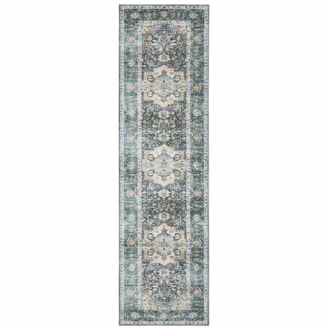 Charleston CHA01 Blue/ Ivory Machine Washable Indoor Area Rug - 2' x 8'