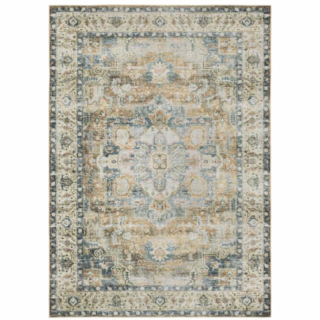 Charleston CHA02 Blue/ Gold Machine Washable Indoor Area Rug - 2' x 3'