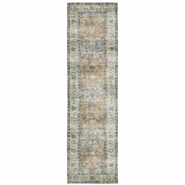 Charleston CHA02 Blue/ Gold Machine Washable Indoor Area Rug - 2' x 8'