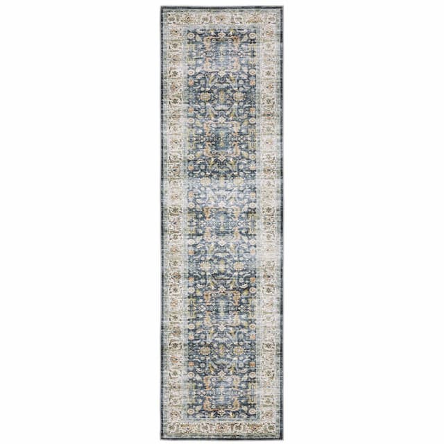 Charleston CHA05 Blue/ Gold Machine Washable Indoor Area Rug - 2' x 8'