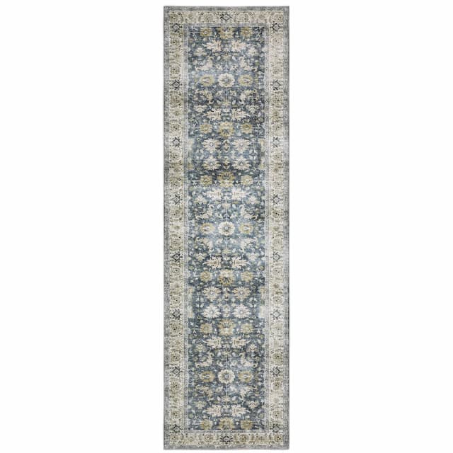 Charleston CHA08 Blue/Gold Machine Washable Indoor Area Rug - 2' x 8'