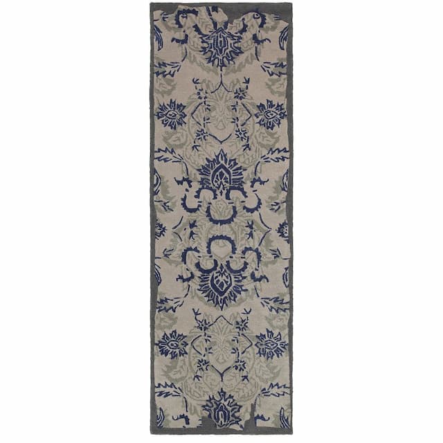 Color Influence 45105 Grey/ Blue Hand-crafted Wool Blend Area Rug - 2'6" x 8'