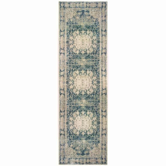 Empire 4445S Ivory/ Blue Indoor Area Rug - 2'3" x 7'6"