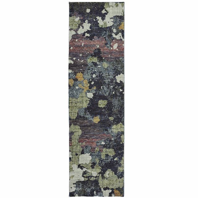 Evolution 8029A Navy/ Green Indoor Area Rug - 2'3" x 8'