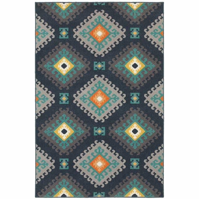 Hampton 4929B Navy/ Grey Indoor/Outdoor Area Rug - 7'10" x 10'10"