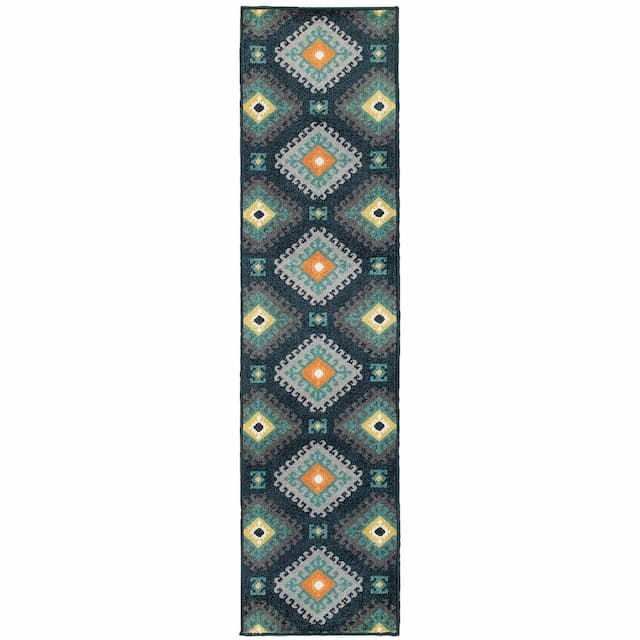 Hampton 4929B Navy/ Grey Indoor/Outdoor Area Rug - 1'10" x 7'6"