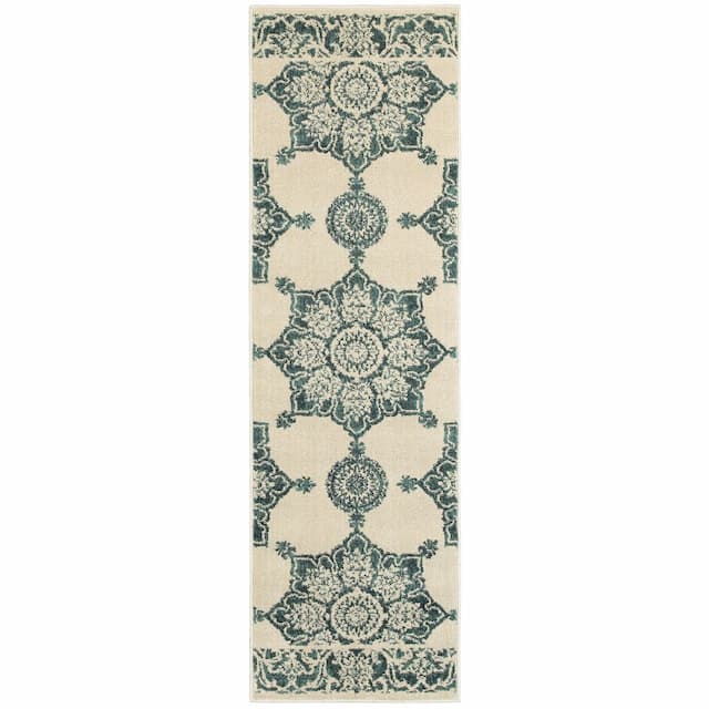 Jayden 7416A Ivory/ Blue Indoor Area Rug - 2'3" x 7'6"