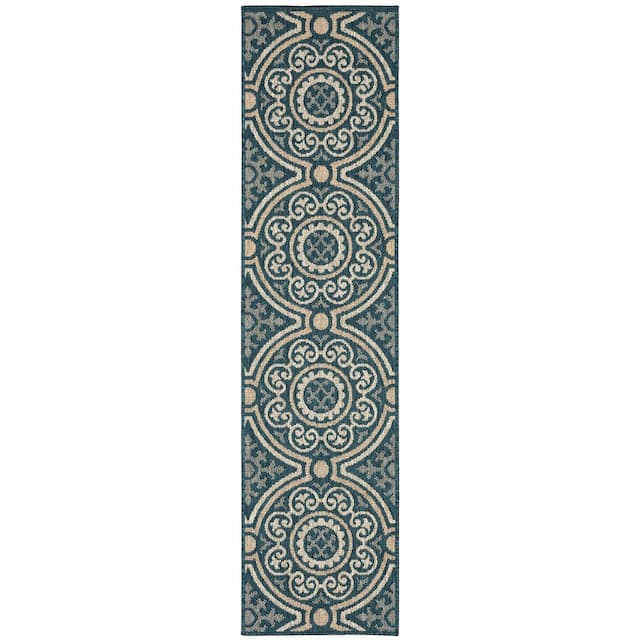 Latitude 609B3 Teal/ Grey Indoor/Outdoor Area Rug - 1'10" x 7'6"