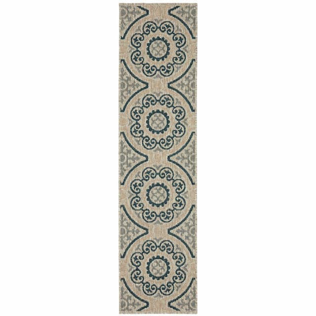 Latitude 609X3 Grey/ Teal Indoor/Outdoor Area Rug - 1'10" x 7'6"