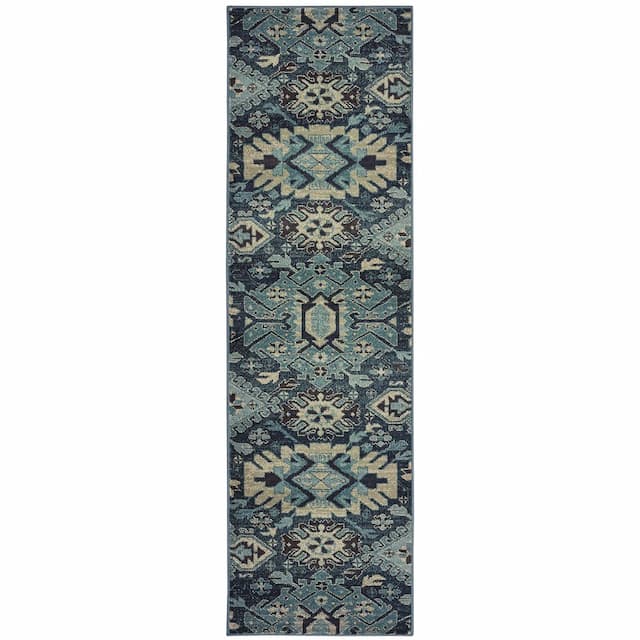 Linden 4302A Navy/ Blue Indoor Area Rug - 2'3" x 7'6"