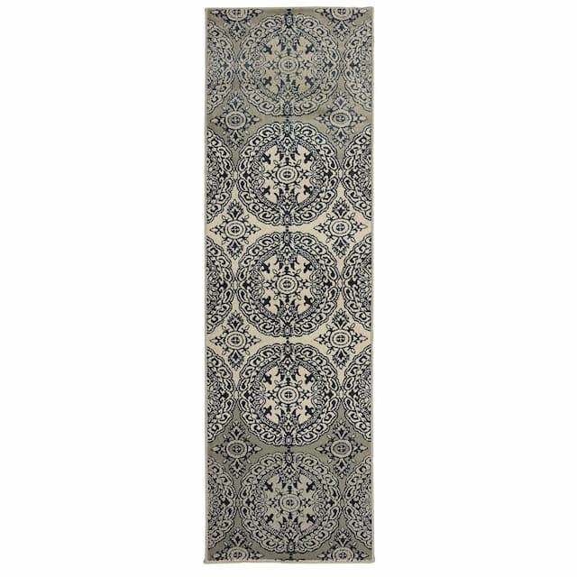 Linden 7818A Navy/ Ivory Indoor Area Rug - 2'3" x 7'6"