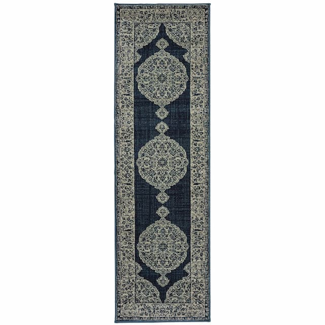 Linden 7937A Navy/ Grey Indoor Area Rug - 2'3" x 7'6"