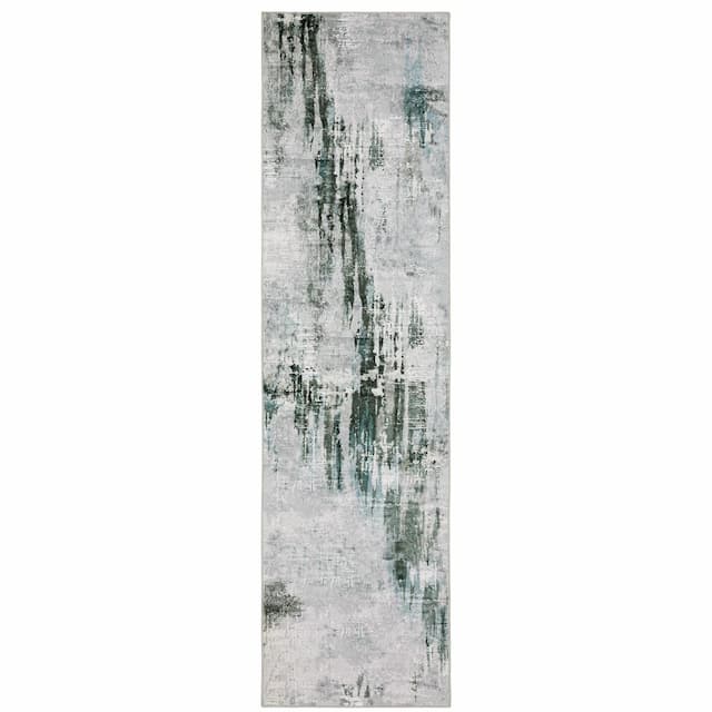 Malibu MAL03 Grey/ Teal Machine Washable Indoor Area Rug - 2' x 8'