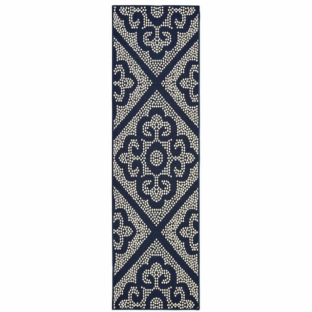 Marina 3804B Navy/ Ivory Indoor/Outdoor Area Rug - 2'3" x 7'6"