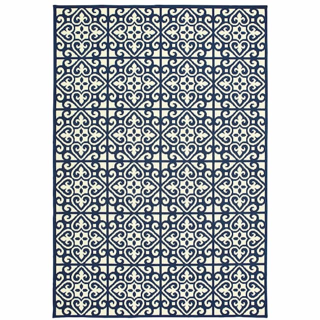 Marina 5927B Ivory/ Navy Indoor/Outdoor Area Rug - 1'9" x 3'9"