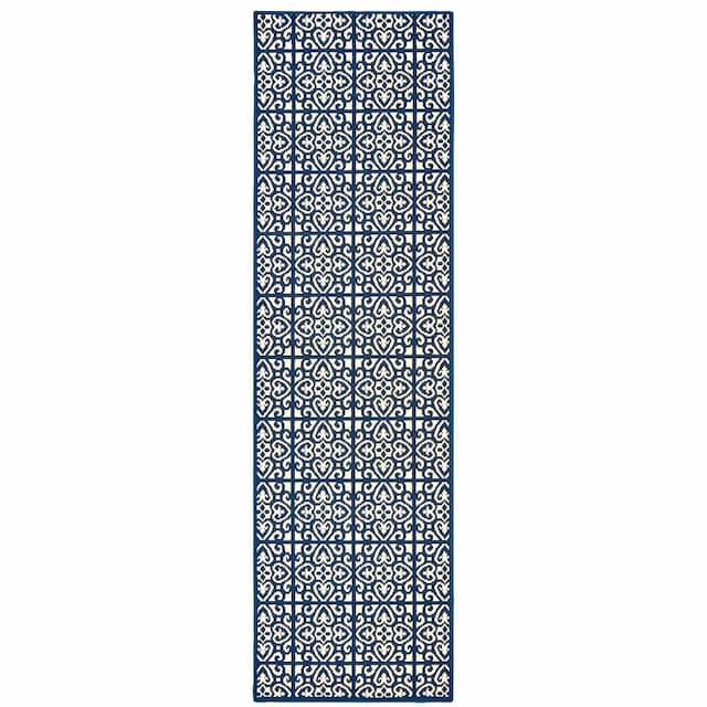 Marina 5927B Ivory/ Navy Indoor/Outdoor Area Rug - 2'3" x 7'6"