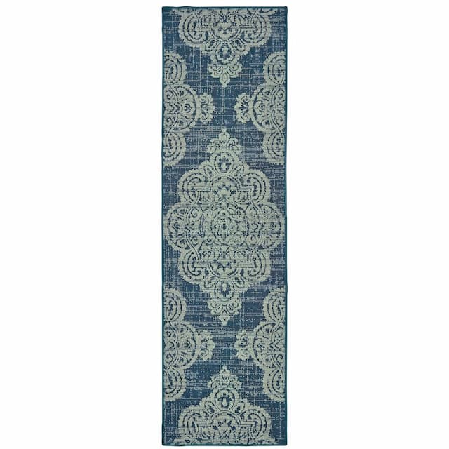 Marina 5929B Navy/ Grey Indoor/Outdoor Area Rug - 2'3" x 7'6"