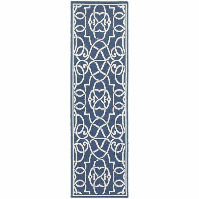 Meridian 2205B Navy/ Ivory Indoor/Outdoor Area Rug - 2'3" x 7'6"