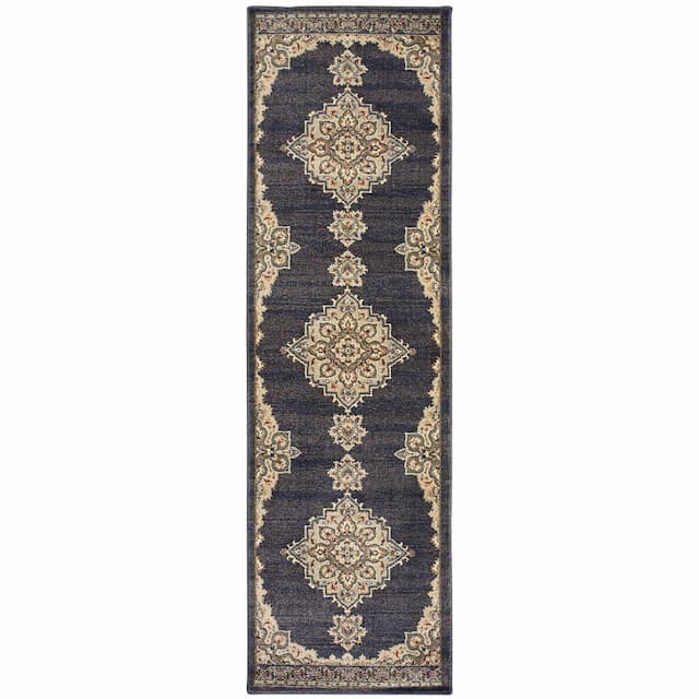 Pasha 072E2 Blue/ Grey Indoor Area Rug - 2'3" x 7'6"