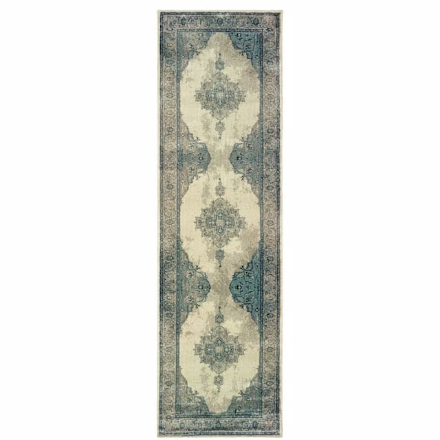 Raleigh 2337W Ivory/ Blue Indoor Area Rug - 2'3" x 7'6"