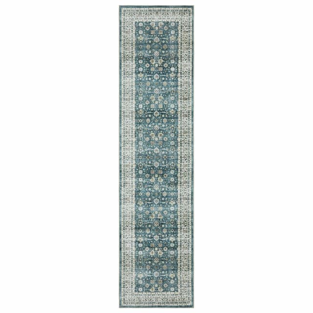 Sumter SUM08 Teal/ Ivory Machine Washable Indoor Area Rug - 2' x 8'