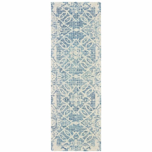 Tallavera 55603 Blue/ Ivory Hand-crafted Wool Area Rug - 2'6" x 8'