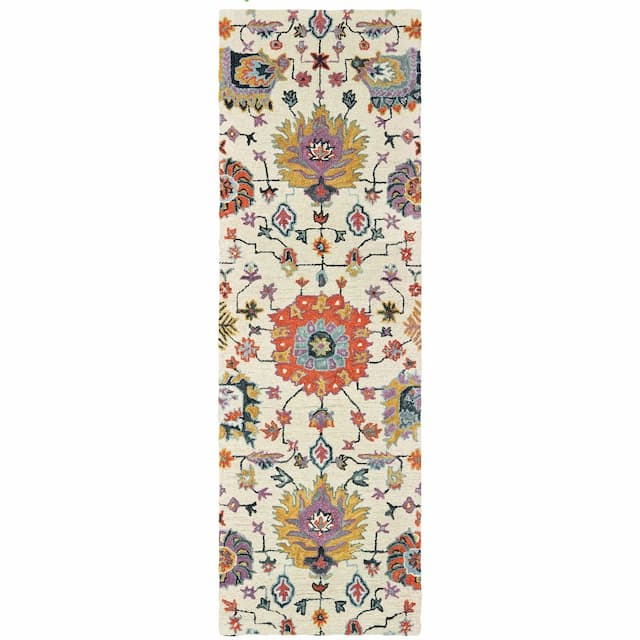 Zahra 75502 Ivory/ Orange Hand-crafted Wool Area Rug - 2'6" x 8'