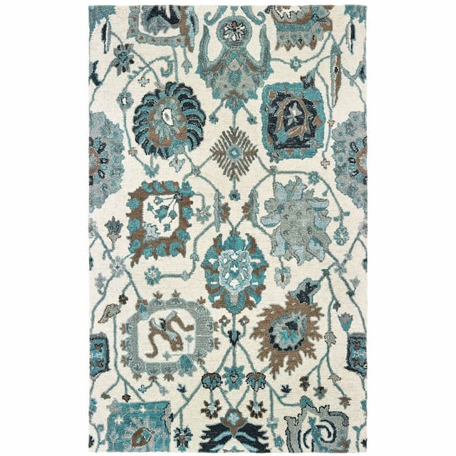 Zahra 75503 Ivory/ Blue Hand-crafted Wool Area Rug - 10' x 13'