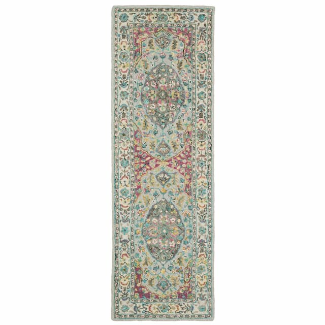 Zahra 75504 Grey/ Pink Hand-crafted Wool Area Rug - 2'6" x 8'