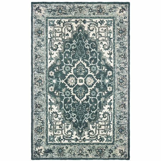 Zahra 75506 Grey/ Blue Hand-crafted Wool Area Rug - 10' x 13'