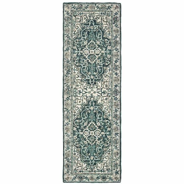 Zahra 75506 Grey/ Blue Hand-crafted Wool Area Rug - 2'6" x 8'